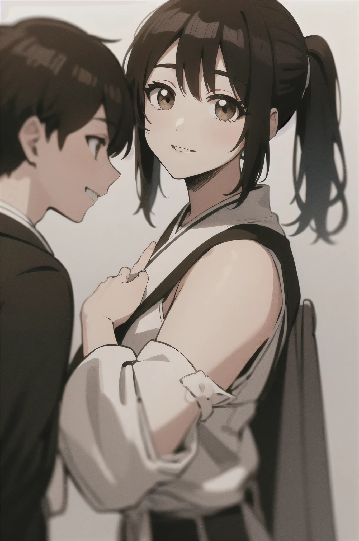 Masterpiece, best quality ,
from the side 1 girl , romantic love, black hair, ponytail, Van Cover, brown eyes, kimono, Black Hakama, black kimono ,I'm wearing a white sleeveless coat
smiling, Alone, is looking, simple background, white background