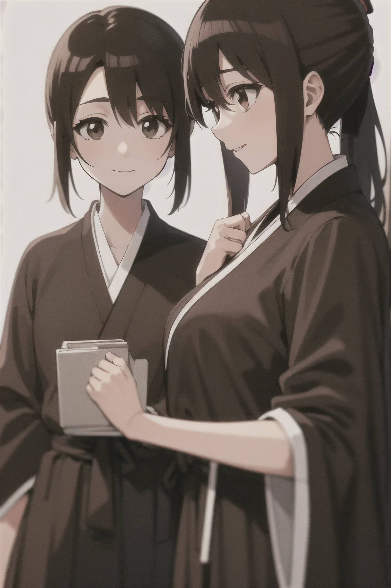 Masterpiece, best quality ,
from the side 1 girl , romantic love, black hair, ponytail, Van Cover, brown eyes, kimono, Black Hakama, black kimono ,I'm wearing a white sleeveless coat
smiling, Alone, is looking, simple background, white background