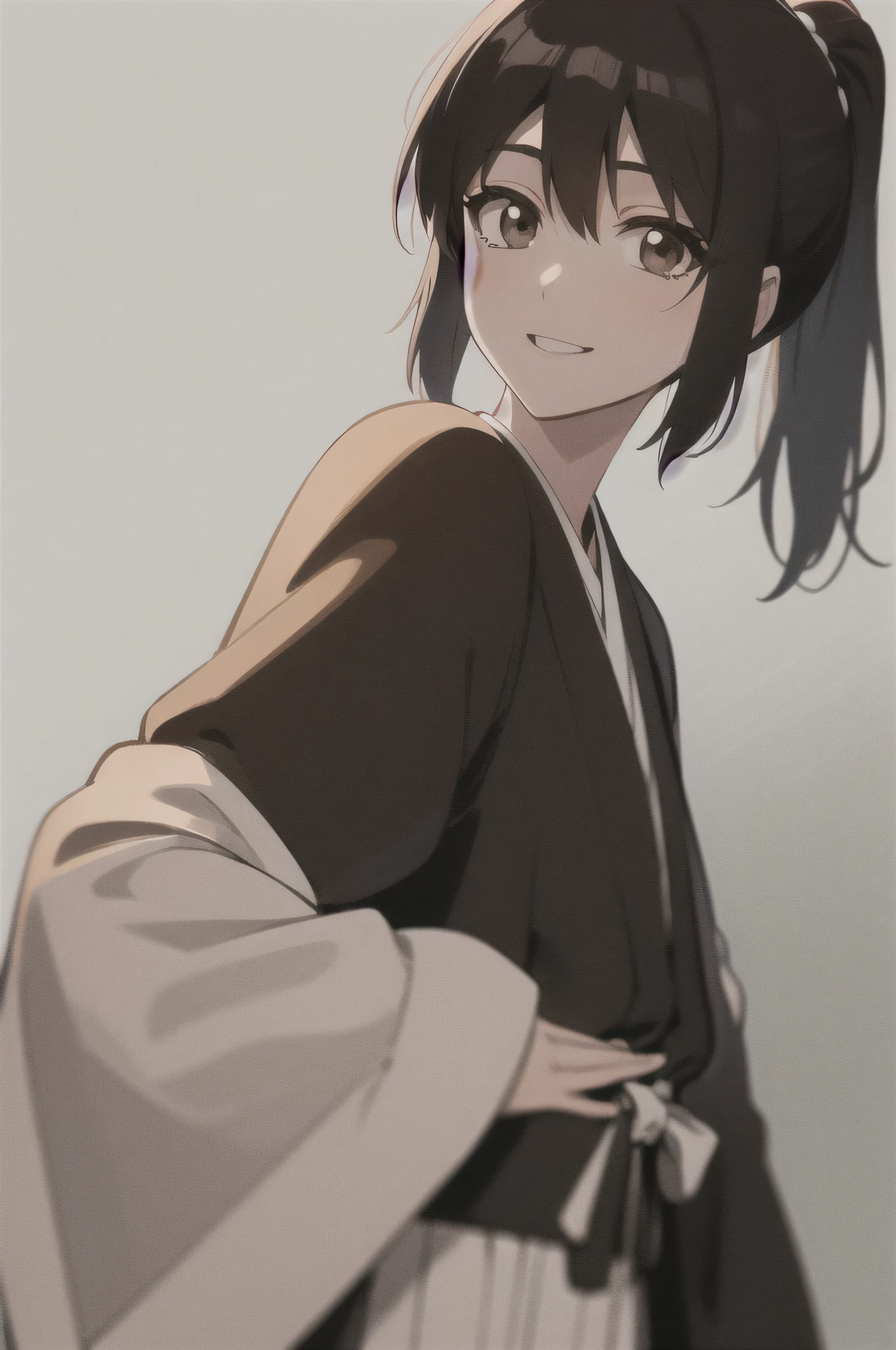 Masterpiece, best quality ,
from the side 1 girl , romantic love, black hair, ponytail, Van Cover, brown eyes, kimono, Black Hakama, black kimono ,I'm wearing a white sleeveless coat
smiling, Alone, is looking, simple background, white background