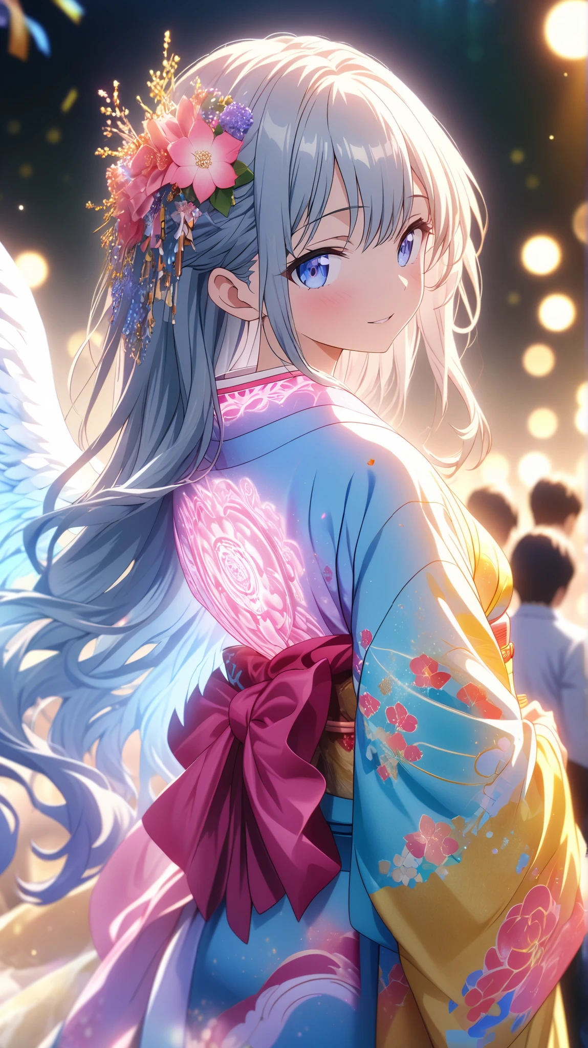 Masterpiece, high quality, highly detailed CG Unity 8k wallpaper, anime screenshots, anime character art of a woman in a neon kimono with magical glow. The angel has beautiful angel wings growing on her back and wears a coming-of-age kimono. With long, flowing hair, this scene features a beautiful soft focus effect, highlighting the magical glow of her tattoo. The background is a school etc. Bokeh photo, (soft focus): 1.2, out of focus highlights, celebration, mesmerizing depth, depth of field. Coming-of-age ceremony, formal kimono, photo shoot.