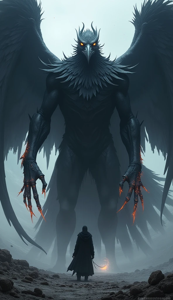 Dark, surreal illustration featuring a humanoid figure with a muscular, nude body, crouched on a rocky surface. The figure has large, black wings adorned with multiple eyes. The head is obscured by a black void with several eyes arranged vertically. A bright red halo encircles the head, contrasting sharply with the dark tones of the figure. The background is a muted gray, and the name 'DéLyte' is written vertically in a light, serif font on the right side of the image. The overall style is gothic and eerie, with a focus on the contrast between light and dark elements.anime, anatomicamente correto, super detalhado, alta qualidade, 4K