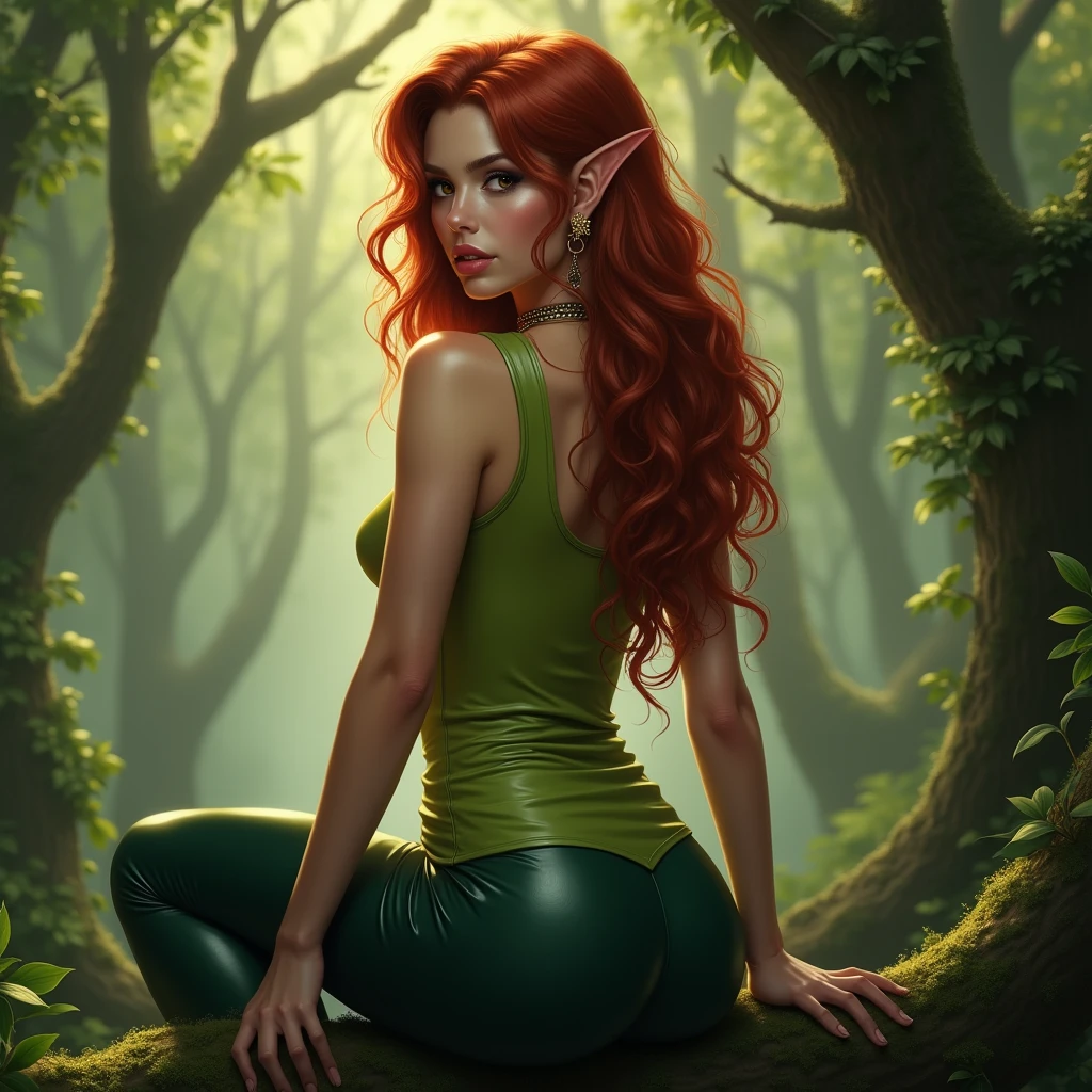 rubenesque elf, standing in a forest glade, small brook, woman, bathing, vine tattoos, reddish-blonde