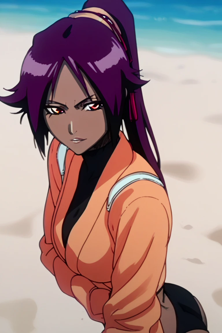 Yoruichi wearing a black  hugging a very white gothic woman, short and messy black hair, cheerful, black eyes and lips, wearing a black , perfect , beach background, anime style