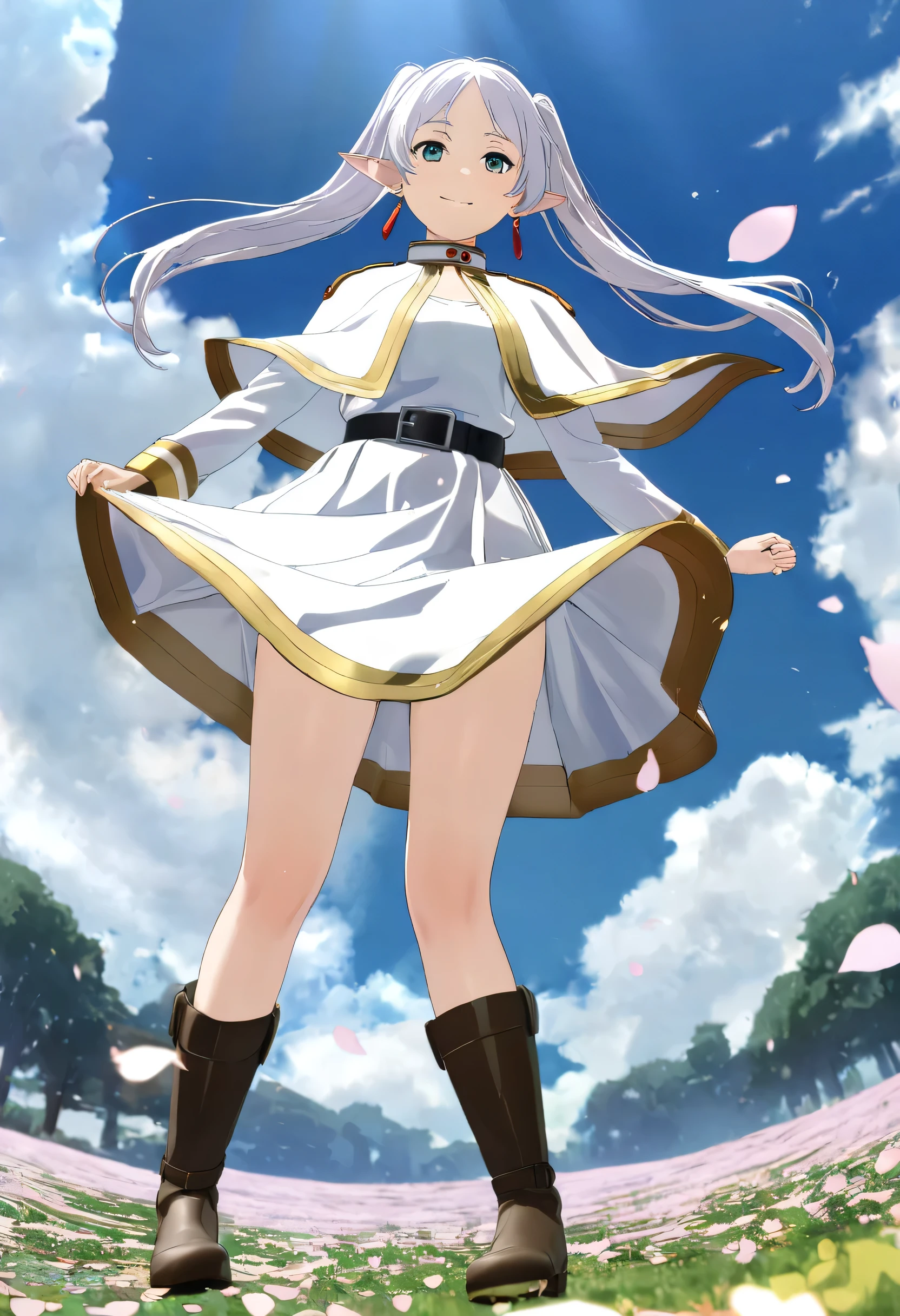 Masterpiece, best quality , are so aesthetic, Ray Tracing, up to date, (atypical , Asksy:0.4), 1 girl , 2d,anime coloring,from below,
Frieren , Alone, Twin Tails, earrings , Black Belt, capelets, White skirt set, shirt , white jacket, brown boots, full body, floating hair, petals, Flower Field, scenery, Outdoors, depth of field, , out of breath, ogipote , white rhightigh ,white lace panties,wind lift skirt, belt, skirt ,looking at viewers,smile, petal,wind,null,Sunbeam,day,daylight,clouds,floating skirt, slender limbs, delicate curves,