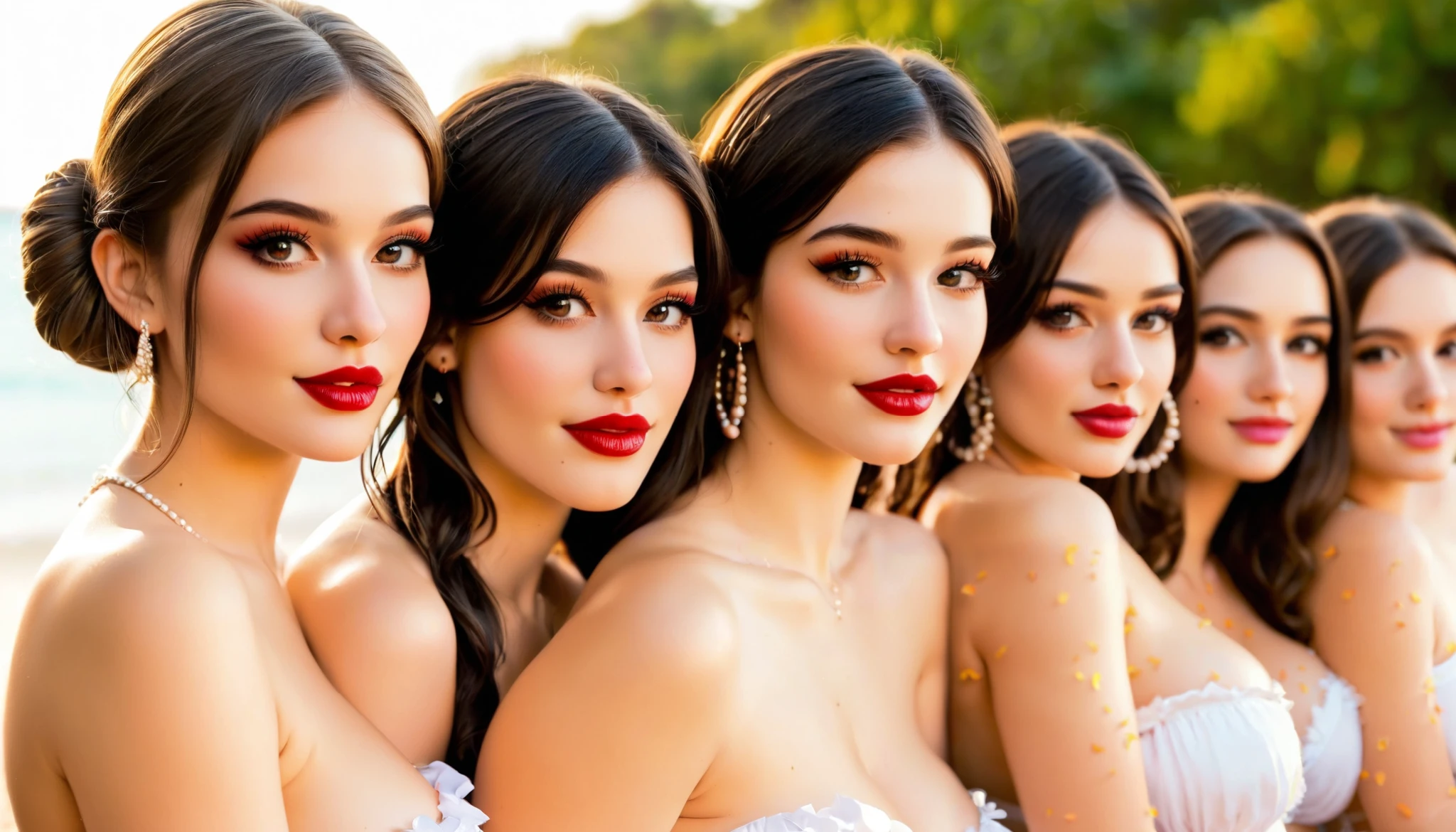 three girls, masterpiece,best qualtiy,hdr, hyper HD, 8K,Bokeh,Ultra-fine painting,Sharp focus,Physically-based rendering,Extreme detail description,portraitures,full-body photo，looking at viewer, (long bob_cut hair), Sexy smile, choker, (bridesmaids in (short:1.2) latex dress:1.3), (the bride is in the middle:1.2), (kissing:1.2), (in sunset light:1.2), perfect eyes, perfect hands, perfect body, perfect hair, (Big breasts:1.3), (EOS R8, 50 millimeters, F1.2, 8K, RAW photo:1.2), photograph by arny freytag