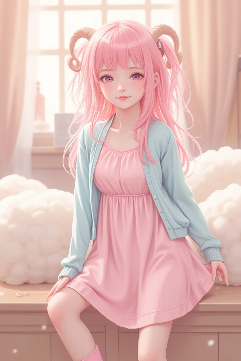 ( best quality ,  face focus,  soft light,  ultra high definition:1.4),  1 girl , solo,  cute,  long pink fluffy hair , Sheep&#39;s round horns, Thick eyebrows,  pink dress,  sky blue cardigan ,  boots, Warm atmosphere illustration, 