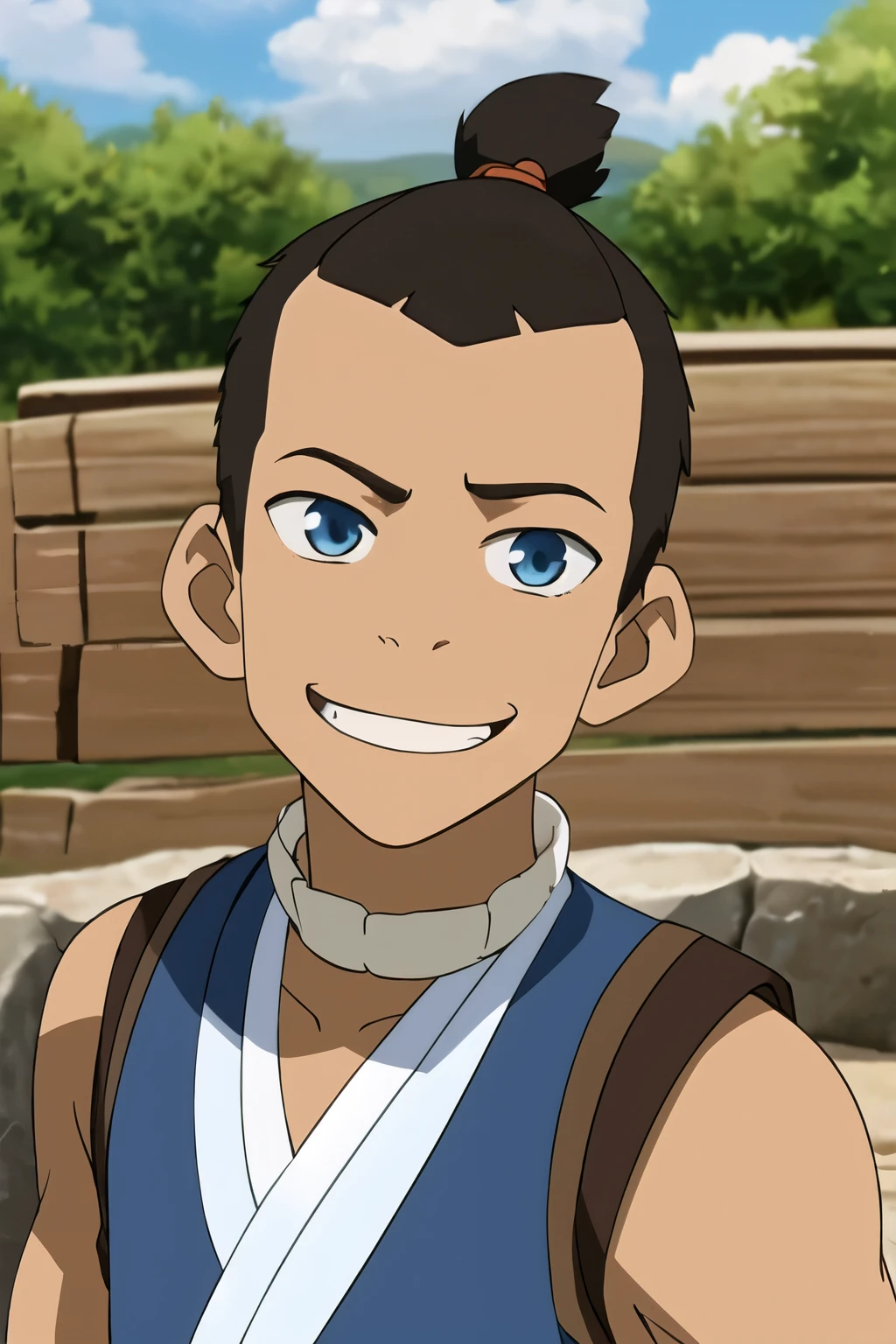 masterpiece, best quality, movie still, 1boy, solo, male focus, looking at viewer, upper body, depth of field, , , sokka_avatar, brown hair, blue eyes, topknot.  Funny expression. Goofy and fun expression. Confident smug and hilarious caricatured face 