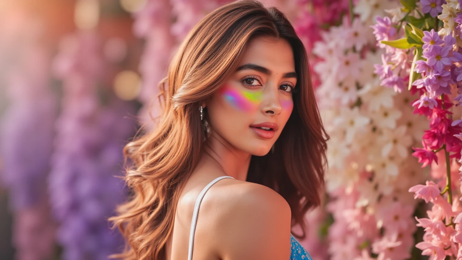 Portrait of a woman with glowing face makeup, painted in rainbow gradients that catch the light. Her hair flows in soft waves, streaked with pastel shades of pink, blue, and lavender. She stands in front of a wall of cascading flowers, each petal in a vivid hue. The background is softly blurred, with warm sunlight filtering through, creating a dreamy, vibrant atmosphere."