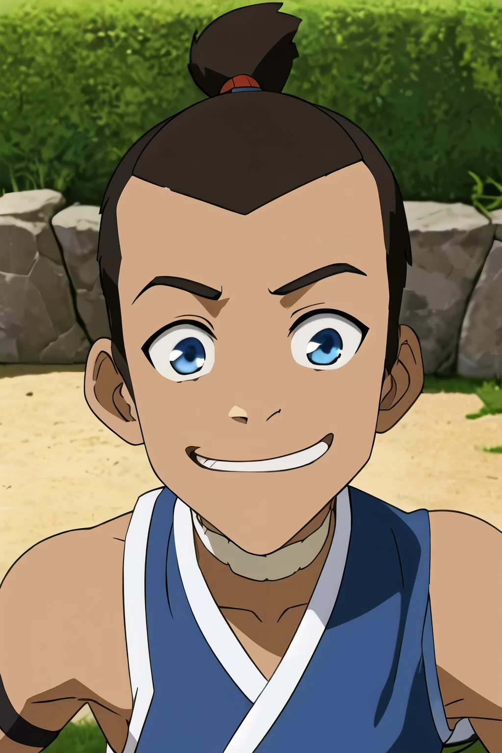 masterpiece, best quality, movie still, 1boy, solo, male focus, looking at viewer, upper body, depth of field, , , sokka_avatar, brown hair, blue eyes, topknot.  Funny expression. Goofy and fun expression. Confident smug and hilarious caricatured face 