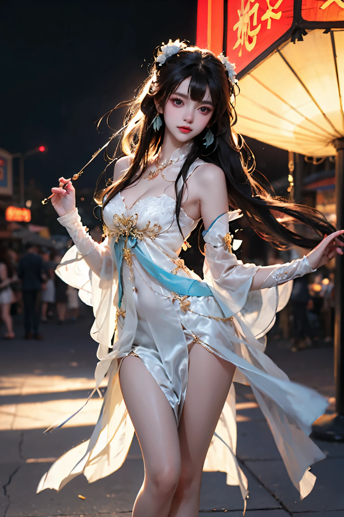 Super beautiful Chinese woman in white fairy dress, perfect body, bare shoulders, bare breasts, bare belly, bare legs, transparent, drenched, charming figure,
