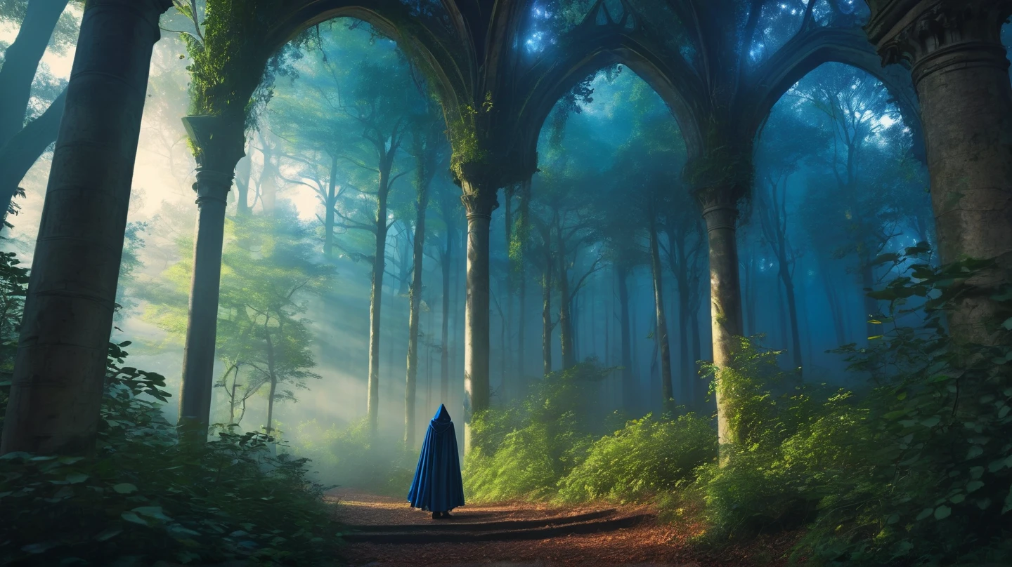 magic column descending from the sky ,  area of a forest with arches covered with vegetation ,  medieval person walks with his cape and hood over his head,   of navy blue color in this forest ,  she stands on her back and looks at the column of magic that descends from the sky , Epic scenario 