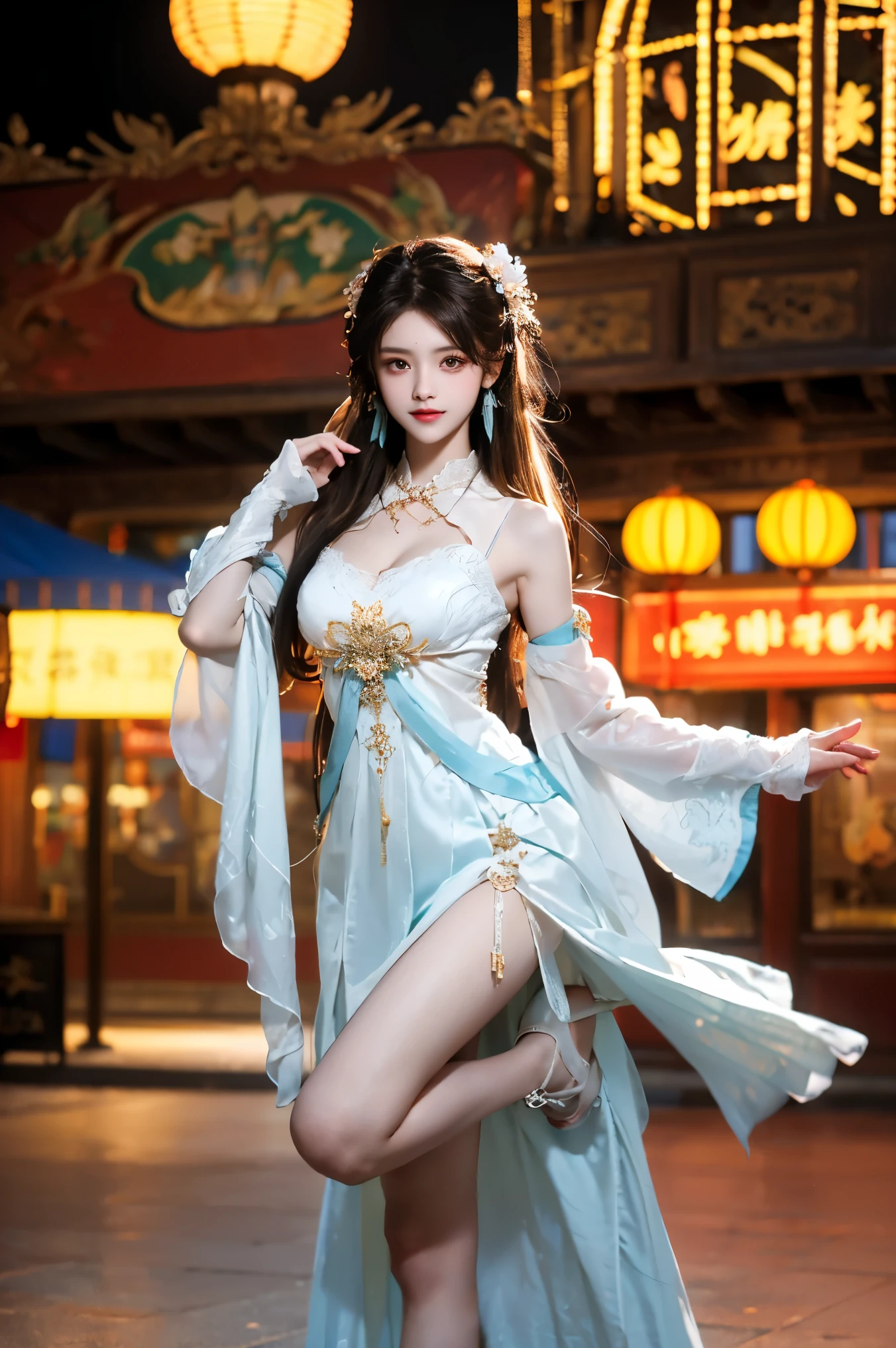 suwen, 1girl, solo, cosplay,
hanfu,chinese clothes, necklace, bare shoulders, detached sleeves, long sleeves, detached collar,shoes,
hair ornament, hair ribbon, hair flower, jewelry,
long hair, brown hair, bangs,((Portrait-oriented, focusing on the subject's body above the calves)), (from below:1.2), (Full chest, deep V-neck, visible cleavage), (I-type Valley), (Very short hemline, revealing smooth thighs), Realistic beautiful woman, sexy long-legged model, in an amusement park scene, standing gracefully with elegance. The model's pose features a slight knee bend on one leg, while one hand elegantly lifts the hem of her skirt up to her thigh. soft natural makeup, and her hair flows beautifully in the gentle breeze. The amusement park background includes colorful attractions, a Ferris wheel, and festive lighting, creating a lively and vibrant atmosphere. Photorealistic lighting and shadows, high detail, 4K resolution.