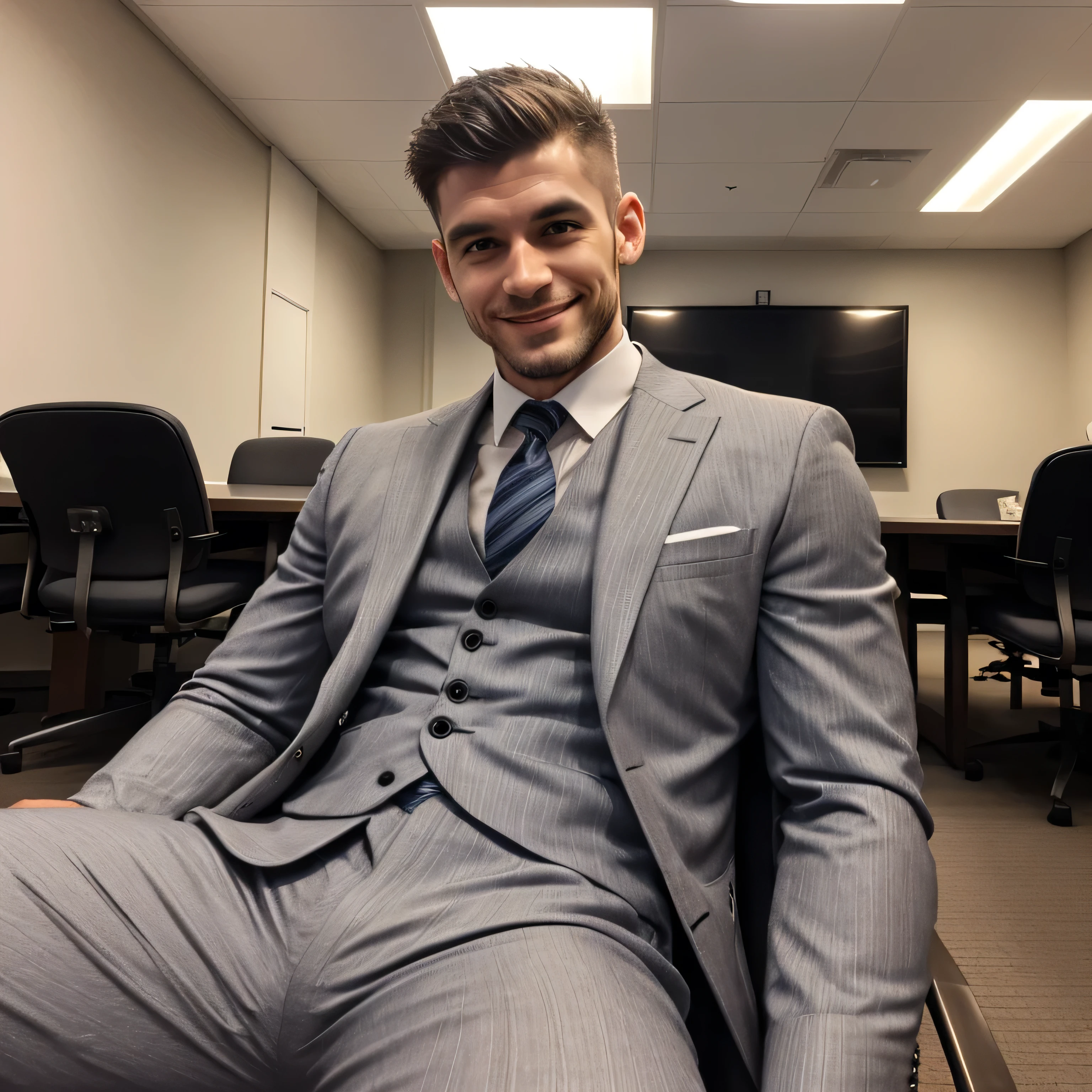 (absurderes, high resolution, ultra detaild), 1 45 year old man, the man is a CEO, He's muscular, body builder ((perfect body)) , appealing ((face perfect, short beard)), sexly, sweaty, (( he's really wet)), velues ((furry chest, hairy hands, haired legs, peito velues, peito extremamente velues)), huge bulge, big bag, the CEO is wearing a very tight expensive black suit,dress shoes with black socks, black dress pants covering your genitals. He is sitting with his legs open on his desk, smoking a cigarette, angle from bottom to top