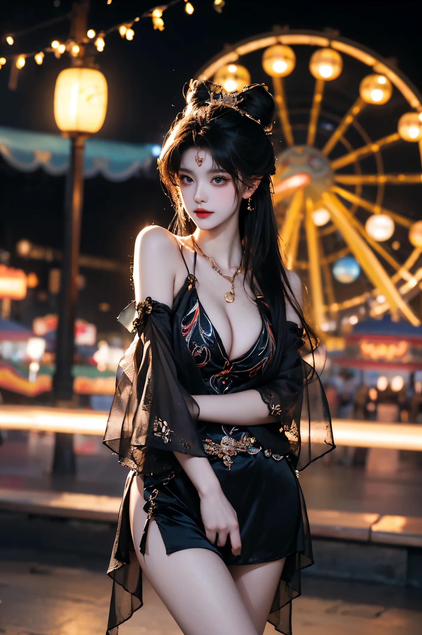 yulinglong, china dress,
bare shoulders, detached sleeves, elbow gloves, hair ornament, long hair, hair bun, jewelry, necklace, earrings, forehead mark, ,((Portrait-oriented, focusing on the subject's body above the calves)), (from below:1.2), (Full chest, deep V-neck, visible cleavage), (I-type Valley), (Very short hemline, revealing smooth thighs), Realistic beautiful woman, sexy long-legged model, in an amusement park scene, standing gracefully with elegance. The model's pose features a slight knee bend on one leg, while one hand elegantly lifts the hem of her skirt up to her thigh. soft natural makeup, and her hair flows beautifully in the gentle breeze. The amusement park background includes colorful attractions, a Ferris wheel, and festive lighting, creating a lively and vibrant atmosphere. Photorealistic lighting and shadows, high detail, 4K resolution.