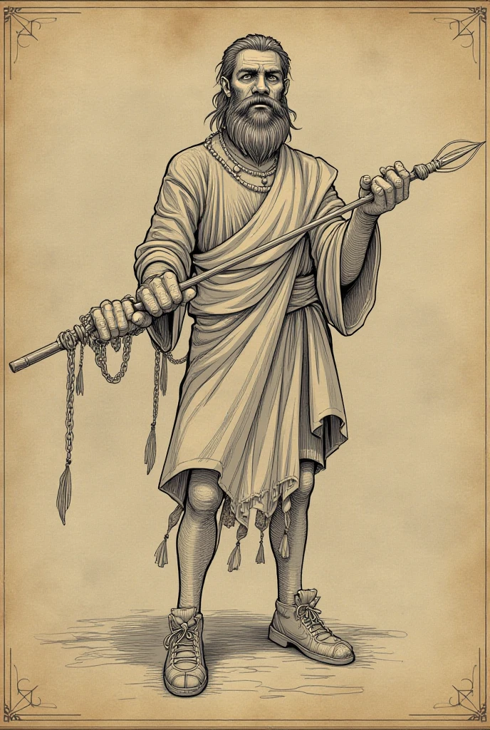 Pencil line drawing,a handsome ancient old Chinese man,standing full length ,traditional Chinese hair and beard,shirtless and no shoes, wearing Chinese short loincloth, palm up forward, on white paper background. 