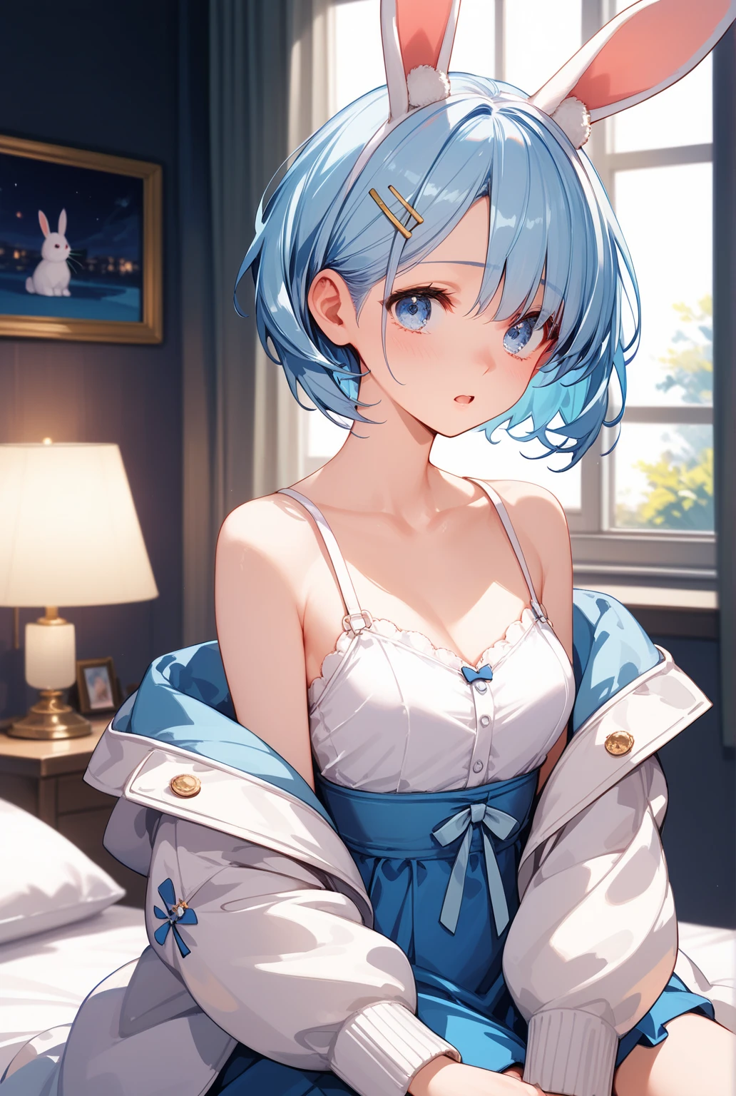 (((tmasterpiece)))、(((best qualityer)))、A high resolution、 It's standing、 (cute one-girl)))、独奏、white skin skin、small tit、Eight-headed body、(lightblue hair)、(((short detailed hair)))、bob hair、 ((straight bangs))、beautiful hairl、eBlue eyes、Beautiful Eye of Details、((Stick out her tongue))、A smile、Heart marker、pyjamas、 耳Nipple Ring、White Room、Beds、 (Morning)、 shaded lighting、