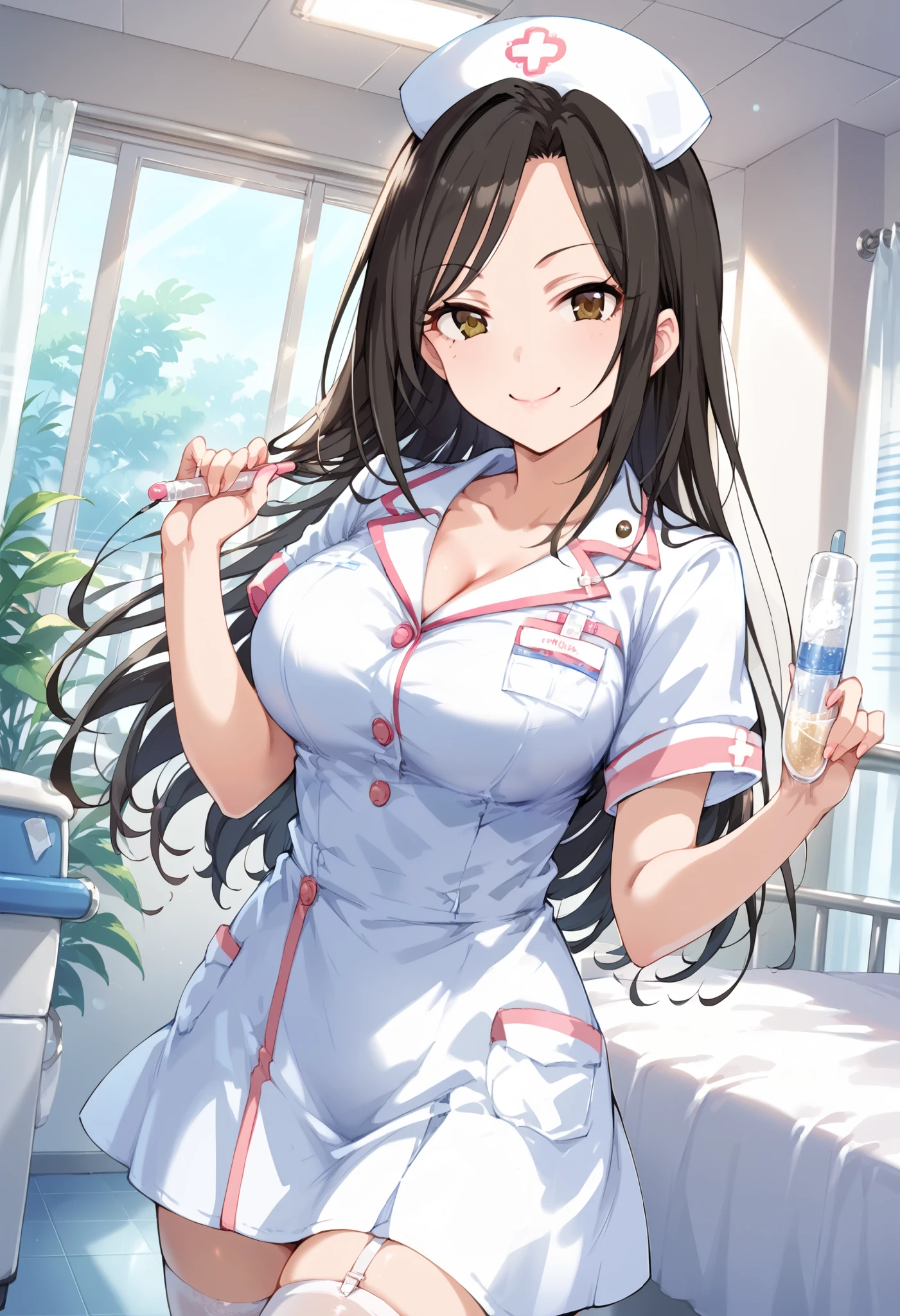 score_9, score_8_up, score_7_up, source_anime, mukai takumi, long hair, black hair, brown eyes, large breasts, masterpiece best quality, (best quality), (high quality), {masterpiece}, extremely delicate and beautiful, ultra-detailed, beautiful detailed eyes, nurse, nurse hat, ((white nurse's outfit)), white legwear, zettai ryouiki, hospital room, smile, closed mouth, standing
