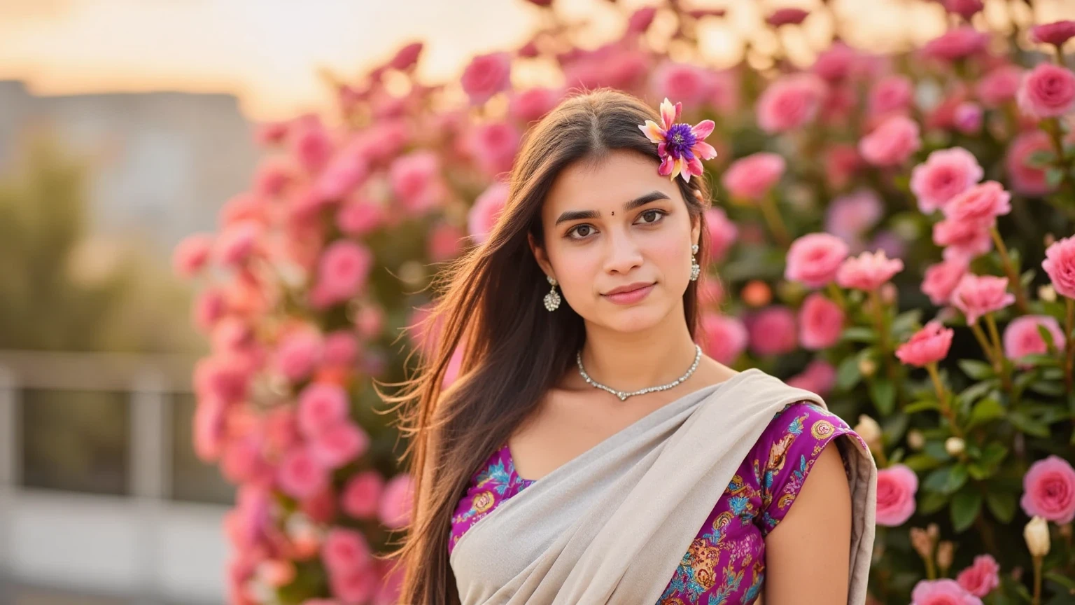 Portrait of a woman with glowing face makeup, painted in rainbow gradients that catch the light. Her hair flows in soft waves, streaked with pastel shades of pink, blue, and lavender. She stands in front of a wall of cascading flowers, each petal in a vivid hue. The background is softly blurred, with warm sunlight filtering through, creating a dreamy, vibrant atmosphere."