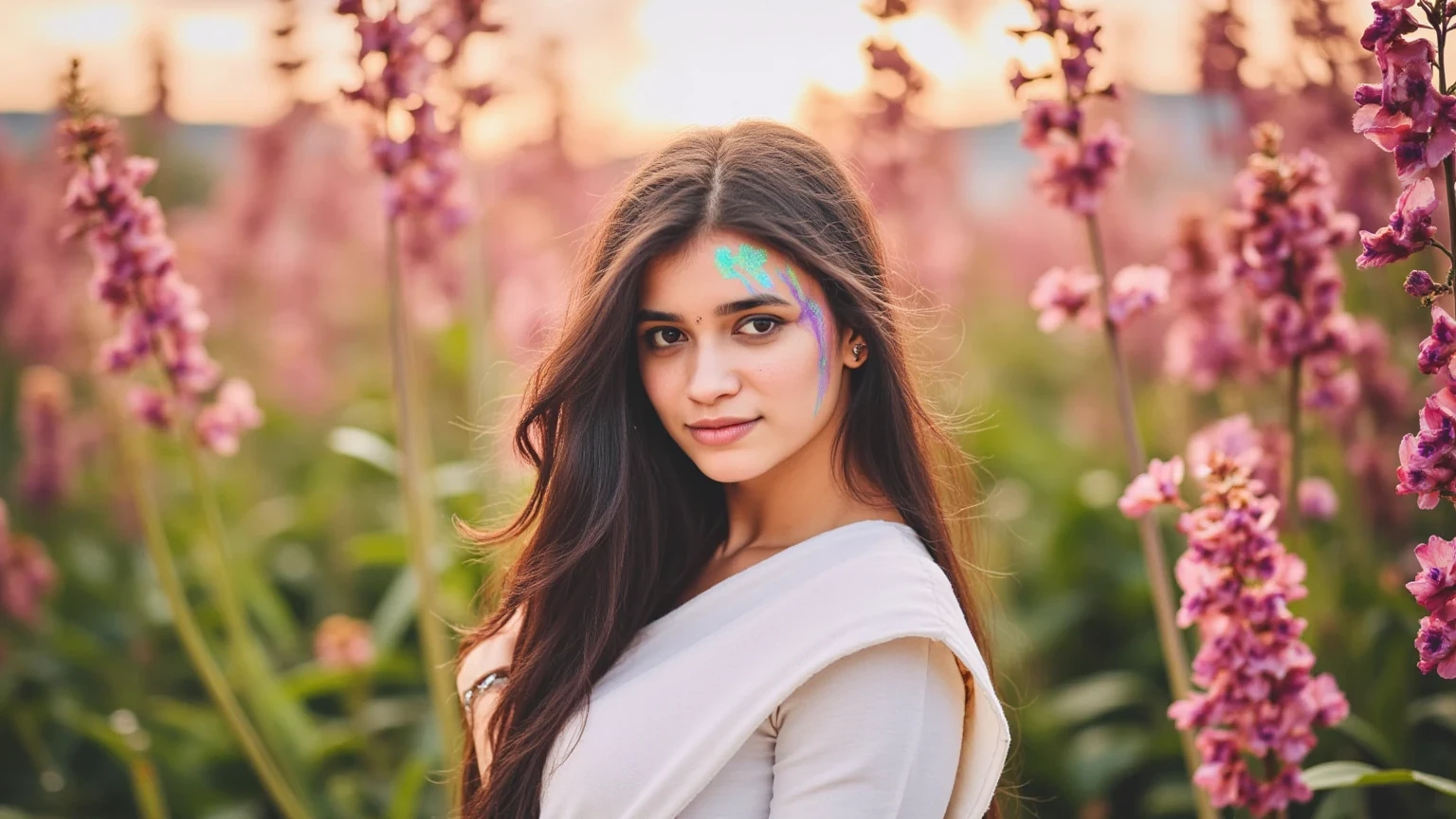 Portrait of a woman with glowing face makeup, painted in rainbow gradients that catch the light. Her hair flows in soft waves, streaked with pastel shades of pink, blue, and lavender. She stands in front of a wall of cascading flowers, each petal in a vivid hue. The background is softly blurred, with warm sunlight filtering through, creating a dreamy, vibrant atmosphere."