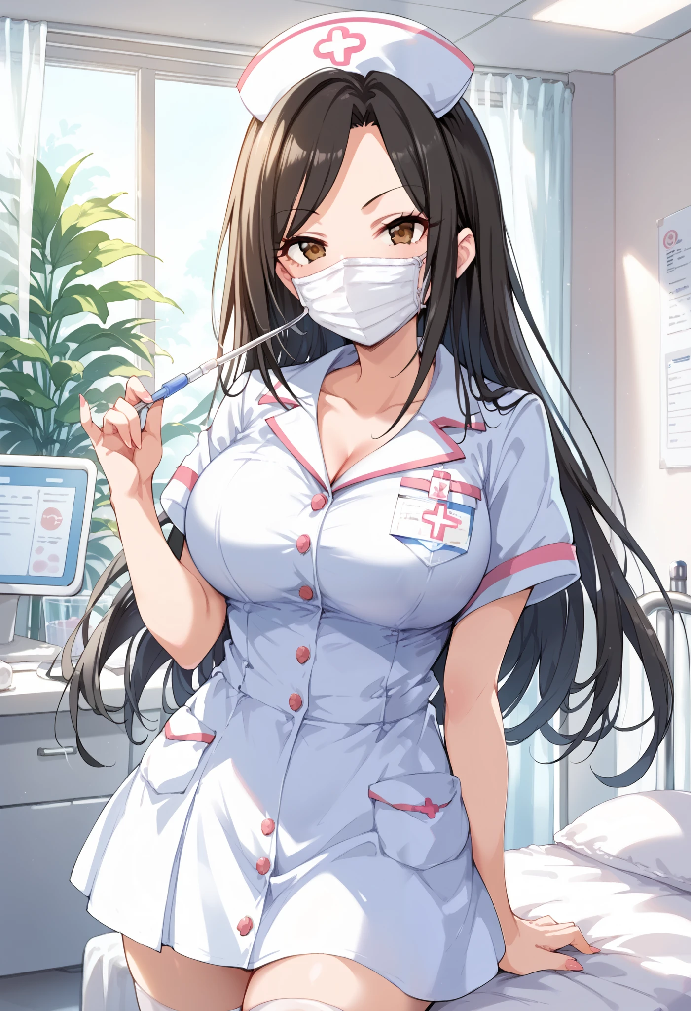 score_9, score_8_up, score_7_up, source_anime, mukai takumi, long hair, black hair, brown eyes, large breasts, masterpiece best quality, (best quality), (high quality), {masterpiece}, extremely delicate and beautiful, ultra-detailed, beautiful detailed eyes, nurse, nurse hat, ((white nurse's outfit)), white legwear, zettai ryouiki, hospital room, ((white surgical mask, covered nose)), standing