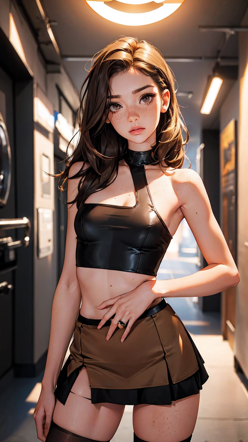 （lifelike， high - resolution：1.3）， 1 girl with a perfect body，slender body, Suprenme face and eyes， blaire ivory, lena anderson, (dark eyelashes, eyeliner), shoulder length  hair, freckles, golden brown  hair with dark roots, shoulder length hair, skinny, petite, long torso, abdomen, torn pantyhose under miniskirt. (prostitute, sexy outfit), small breasts, (((ringlight)))