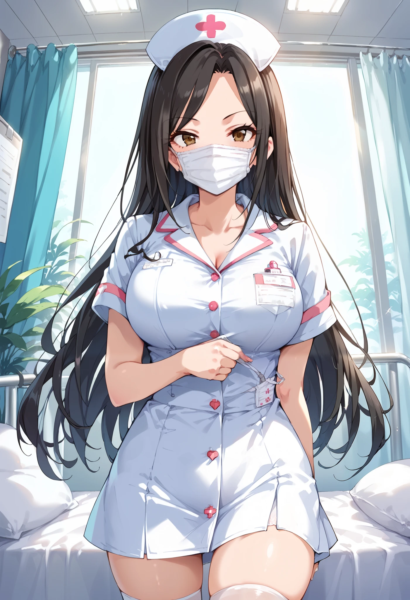 score_9, score_8_up, score_7_up, source_anime, mukai takumi, long hair, black hair, brown eyes, large breasts, masterpiece best quality, (best quality), (high quality), {masterpiece}, extremely delicate and beautiful, ultra-detailed, beautiful detailed eyes, nurse, nurse hat, ((white nurse's outfit)), white legwear, zettai ryouiki, hospital room, ((white surgical mask, covered nose)), standing