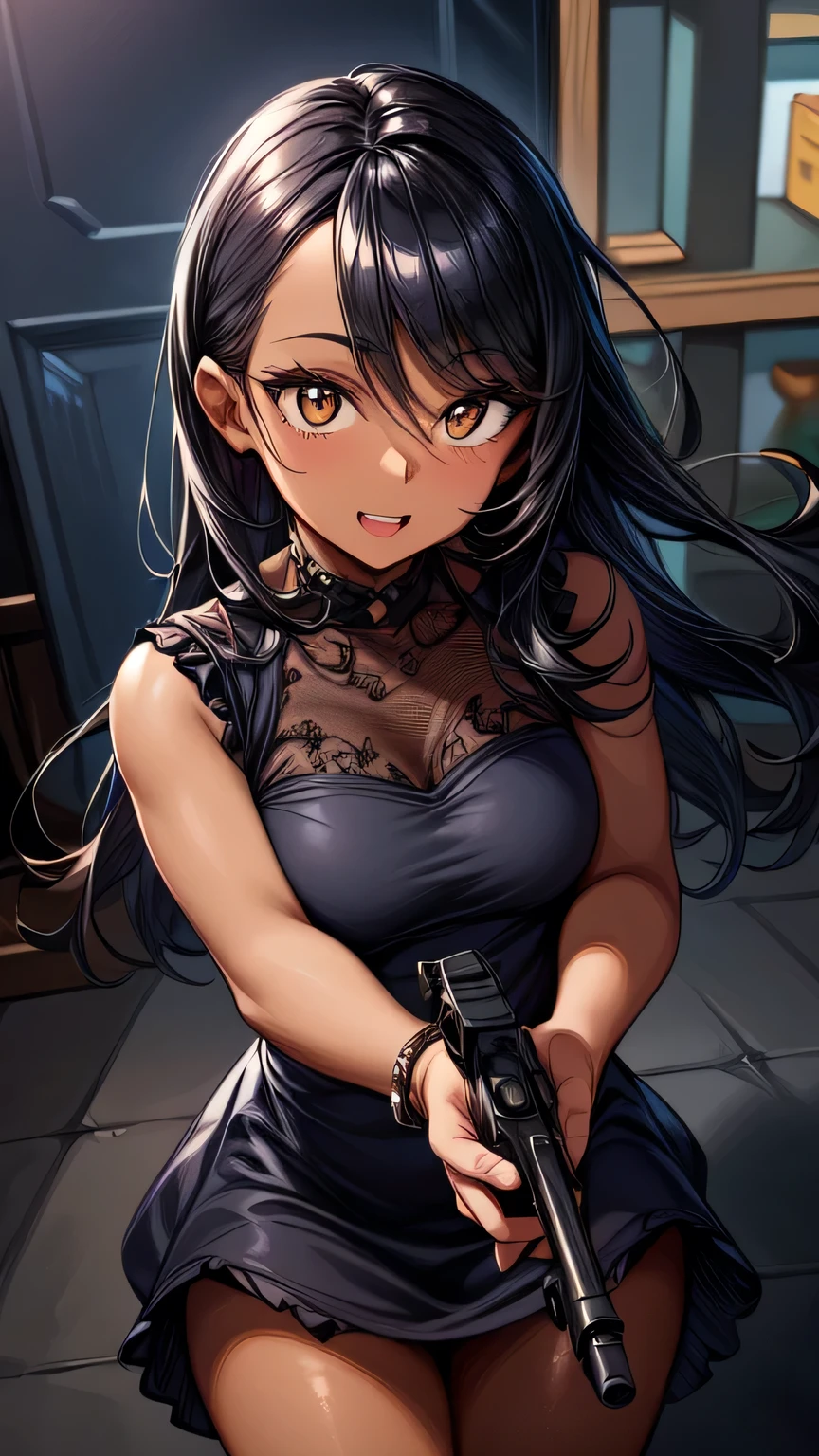 1woman,wearing a cute dress,holding a gun,(((dark skin))), (expressive eyes, long eyelashes),excited, head pat,happy, from above,pov,gun shop,,depth of field, UHD, retina, masterpiece, accurate, anatomically correct, super detail