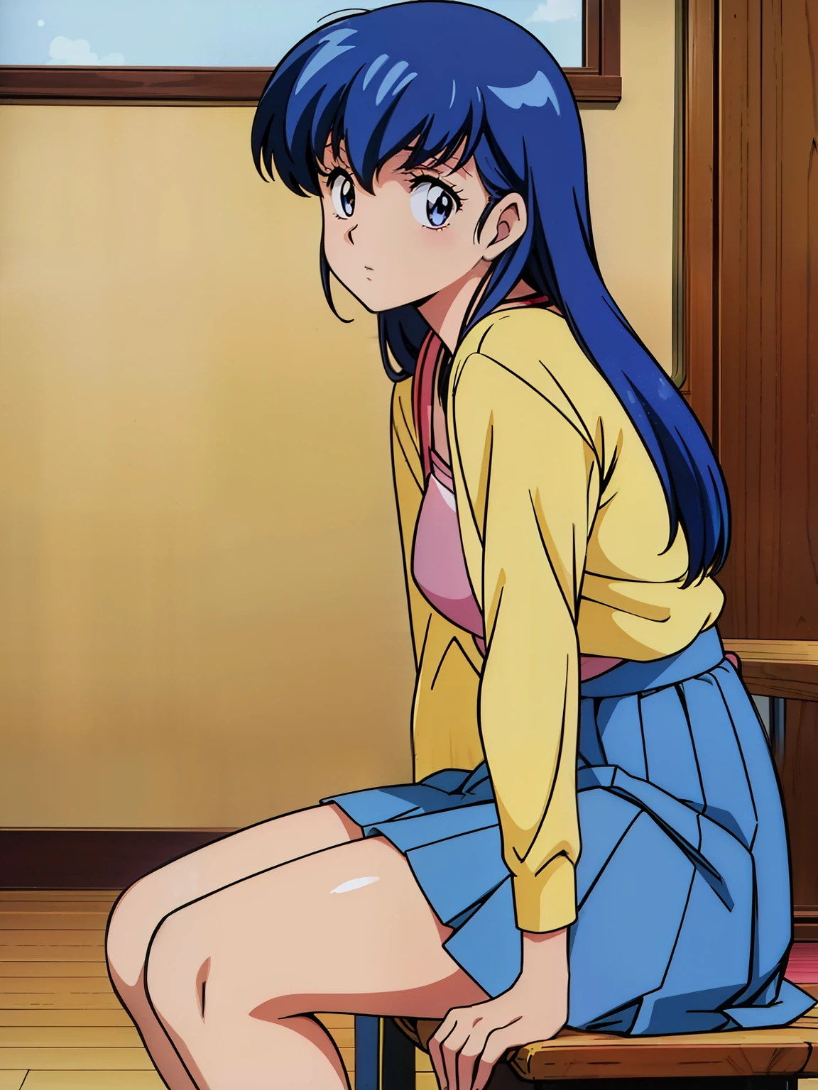 (masterpiece, best quality:1.2), 1girl, solo , otonashi kyoko,1girl, solo, 1980s_\(style\),blue hair, long skirt 