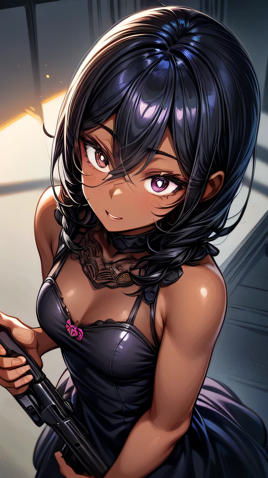 1woman,wearing a cute dress,holding a gun,(((dark skin))), (expressive eyes, long eyelashes),excited, head pat,happy, from above,pov,gun shop,,depth of field, UHD, retina, masterpiece, accurate, anatomically correct, super detail