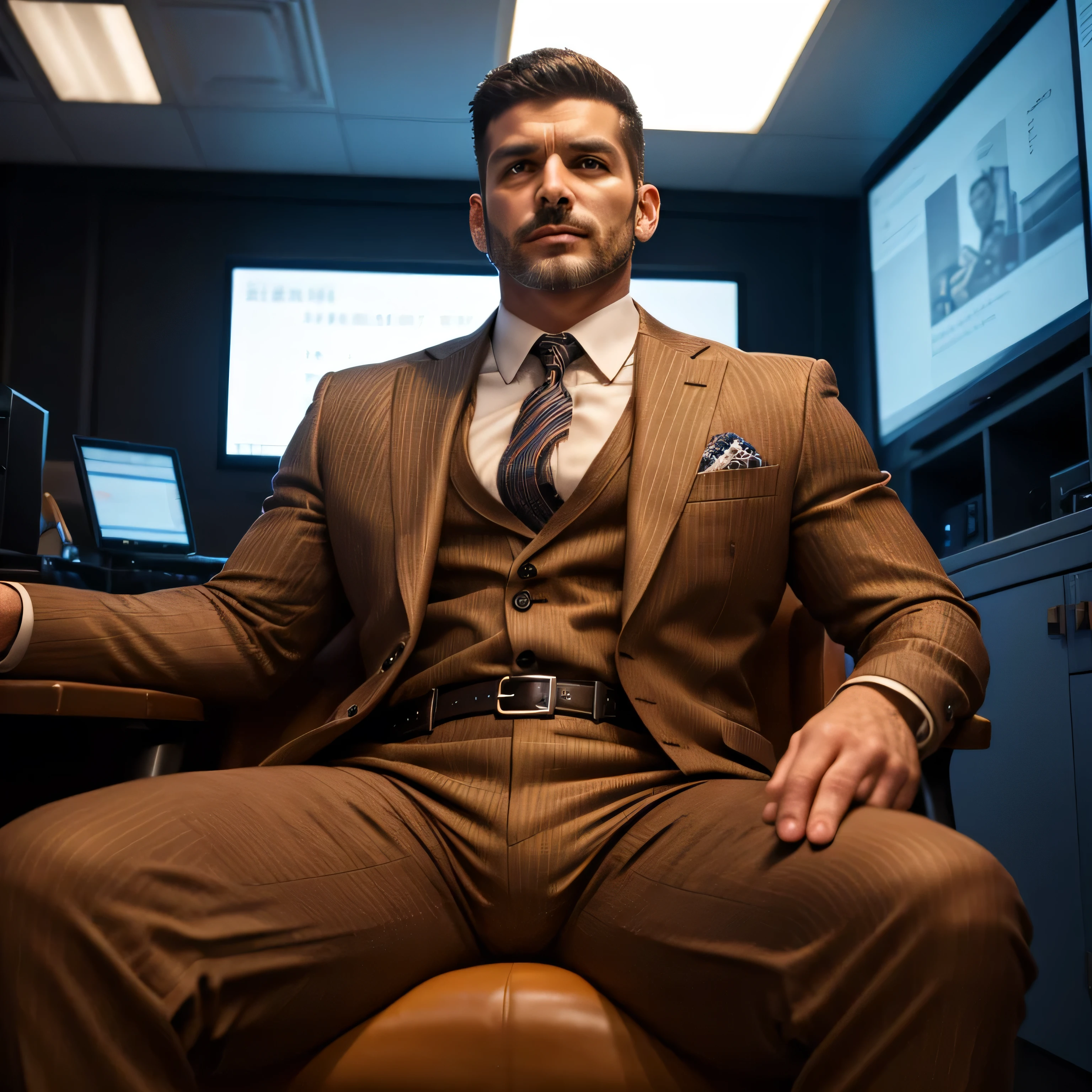 40 years old、1 Handsome Man 、 muscularity、 Arabian handsome 。 brown striped suit、 surveillance room。Supervisor、Short Hair、 short hair、 stubble upper body up Seen From Below。 Menacing look brown striped suit front Hermès belts sits on a chair