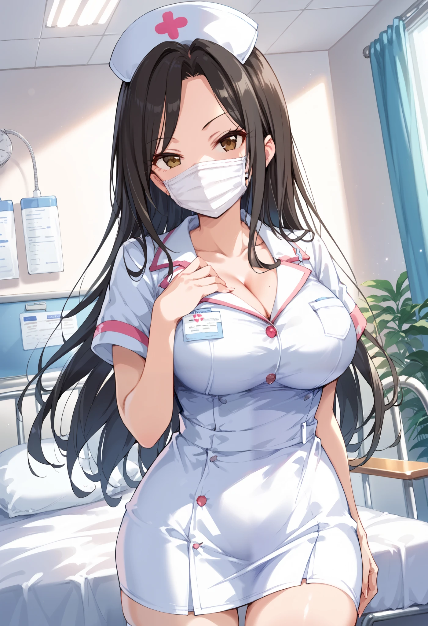 score_9, score_8_up, score_7_up, source_anime, mukai takumi, long hair, black hair, brown eyes, large breasts, masterpiece best quality, (best quality), (high quality), {masterpiece}, extremely delicate and beautiful, ultra-detailed, beautiful detailed eyes, nurse, nurse hat, ((white nurse's outfit)), white legwear, zettai ryouiki, hospital room, ((white surgical mask, covered nose)), standing