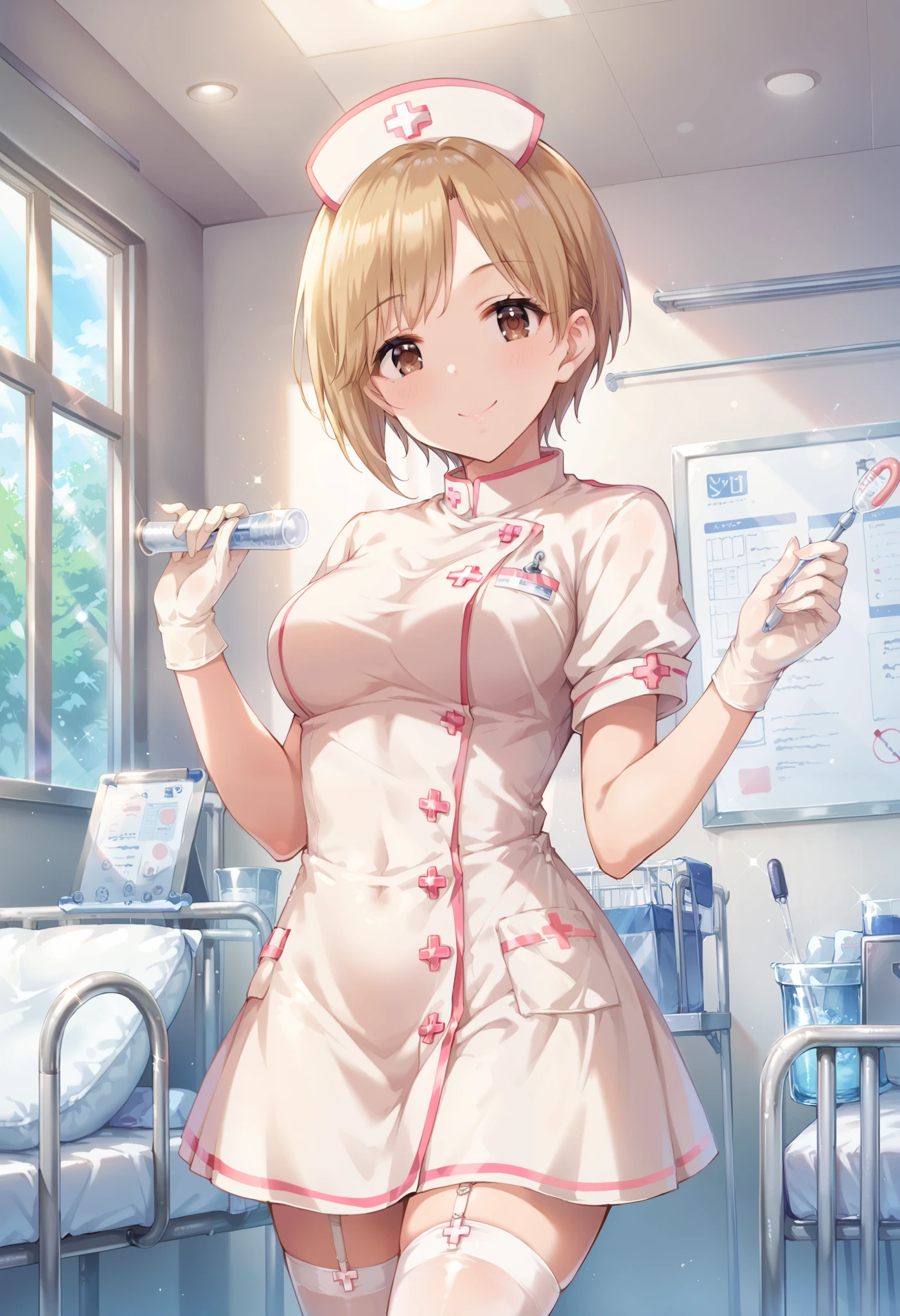 score_9, score_8_up, score_7_up, source_anime, aiba yumi, short hair, blonde hair, brown hair, brown eyes, masterpiece best quality, (best quality), (high quality), {masterpiece}, extremely delicate and beautiful, ultra-detailed, beautiful detailed eyes, nurse, nurse hat, ((white nurse's outfit)), white gloves, white legwear, zettai ryouiki, hospital room, smile, closed mouth, standing