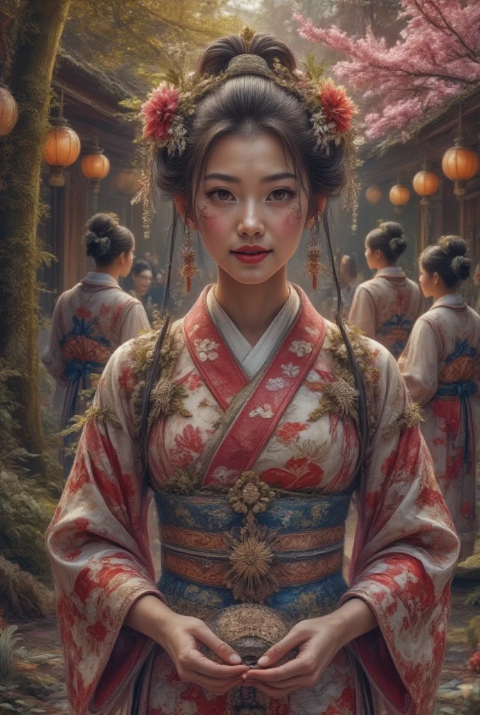  A picture of a coming-of-age ceremony ，上面有一位身穿grace日本和服的漂亮年轻女子,  Intricate cherry blossoms and crane motifs adorned with vibrant fabric ,  soft tone ， plus a traditional belt tied to the back  ,  Delicate hair accessories including kanzashi flowers and ornaments  , 她的双手grace地握着一个小型仪式风扇 ,  A serene garden surrounded by tall bamboo and blooming cherry trees  ,  The warm sunshine casts gentle highlights  ,  Family and friends in traditional costumes  ,  A happy smile and celebration  ,  Lanterns and banners Japanese calligraphy adds a cultural touch  ,  The bokeh effect enhances the subject's presence  , A sense of pride  , grace,  and transition to adulthood  , Ultra-detailed textures,  Vivid Palette  ,  cinematic composition ,  story-rich composition ,  artistic balance between tradition and beauty 