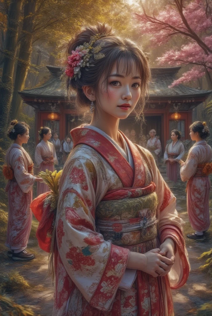  A picture of a coming-of-age ceremony ，上面有一位身穿grace日本和服的漂亮年轻女子,  Intricate cherry blossoms and crane motifs adorned with vibrant fabric ,  soft tone ， plus a traditional belt tied to the back  ,  Delicate hair accessories including kanzashi flowers and ornaments  , 她的双手grace地握着一个小型仪式风扇 ,  A serene garden surrounded by tall bamboo and blooming cherry trees  ,  The warm sunshine casts gentle highlights  ,  Family and friends in traditional costumes  ,  A happy smile and celebration  ,  Lanterns and banners Japanese calligraphy adds a cultural touch  ,  The bokeh effect enhances the subject's presence  , A sense of pride  , grace,  and transition to adulthood  , Ultra-detailed textures,  Vivid Palette  ,  cinematic composition ,  story-rich composition ,  artistic balance between tradition and beauty 