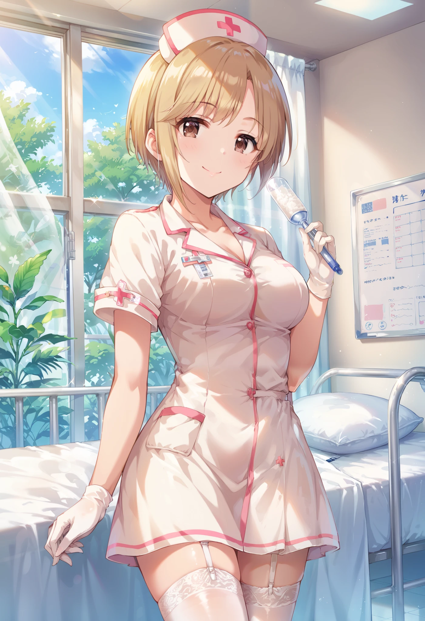score_9, score_8_up, score_7_up, source_anime, aiba yumi, short hair, blonde hair, brown hair, brown eyes, masterpiece best quality, (best quality), (high quality), {masterpiece}, extremely delicate and beautiful, ultra-detailed, beautiful detailed eyes, nurse, nurse hat, ((white nurse's outfit)), white gloves, white legwear, zettai ryouiki, hospital room, smile, closed mouth, standing