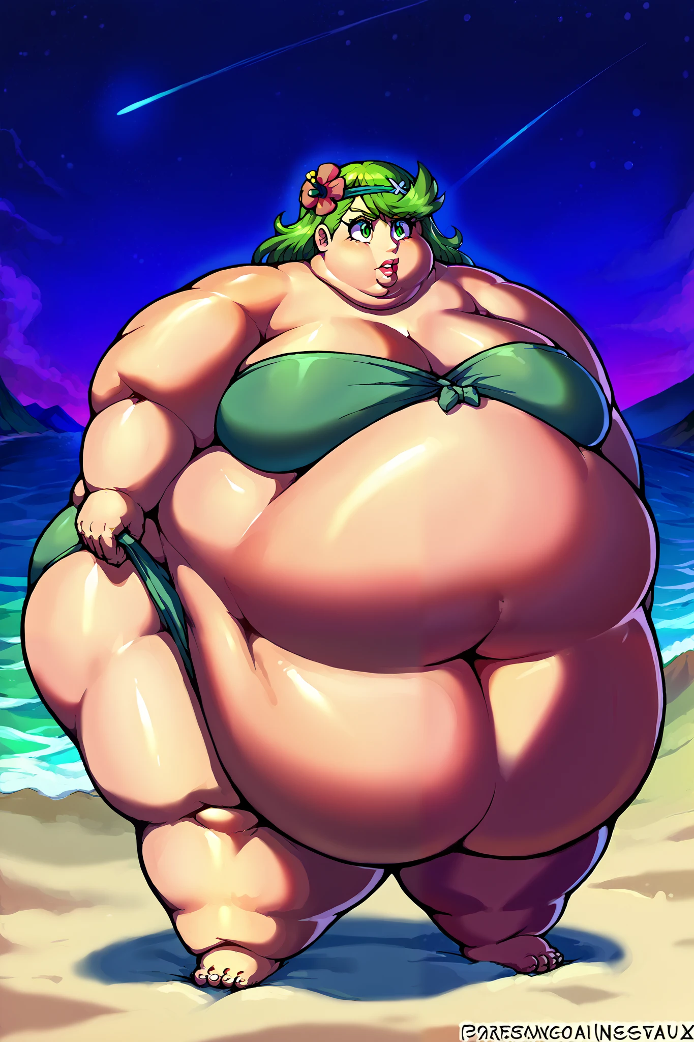 (masterpiece), best quality, expressive eyes, perfect face, 1girl, breasts, massive breasts, solo, abs, green short hair, smirk, tatsumaki, mature woman, sexy, milf, pool, looking at viewer, calm, full body shot, perfect eyes, perfect face, swimsuit, barefoot, thighs, cleavage, sfm, (watermelon print:1.2) bikini, ((NSFW)), (((accurate anatomy))), ((wide hips)), (((Huge breasts))), ((long legs)), (((Massive Female Bodybuilder))), ((((Muscular Legs)))), (((((Huge Muscles)))))