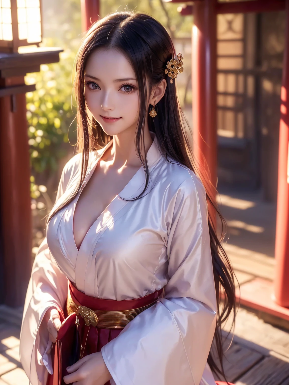 ( chest close-up:1.3)、 top quality、 ultra high definition、(Photographically: 1.3)、 beautiful eyes、 very beautiful、 shiny hair 、(Mature and elegant:1.2)、(smile:1.2)、((kawaii miko girl, wearing japanese white clothes,red hakama, in a Japanese shrine, 45 angle by krenz cushart and Mucha, golden hour lighting, strong rim light, intense shadows))