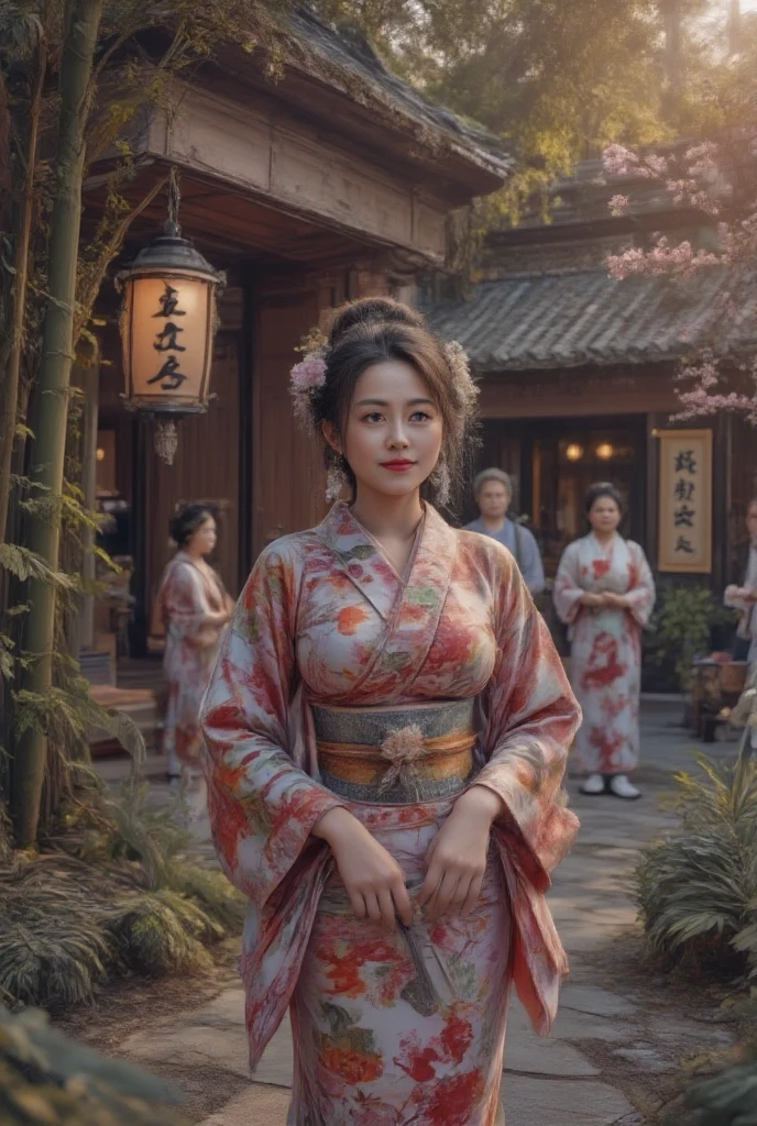  A picture of a coming-of-age ceremony ，上面有一位身穿grace日本和服的漂亮年轻女子,  Intricate cherry blossoms and crane motifs adorned with vibrant fabric ,  soft tone ， plus a traditional belt tied to the back  ,  Delicate hair accessories including kanzashi flowers and ornaments  , 她的双手grace地握着一个小型仪式风扇 ,  A serene garden surrounded by tall bamboo and blooming cherry trees  ,  The warm sunshine casts gentle highlights  ,  Family and friends in traditional costumes  ,  A happy smile and celebration  ,  Lanterns and banners Japanese calligraphy adds a cultural touch  ,  The bokeh effect enhances the subject's presence  , A sense of pride  , grace,  and transition to adulthood  , Ultra-detailed textures,  Vivid Palette  ,  cinematic composition ,  story-rich composition ,  artistic balance between tradition and beauty 