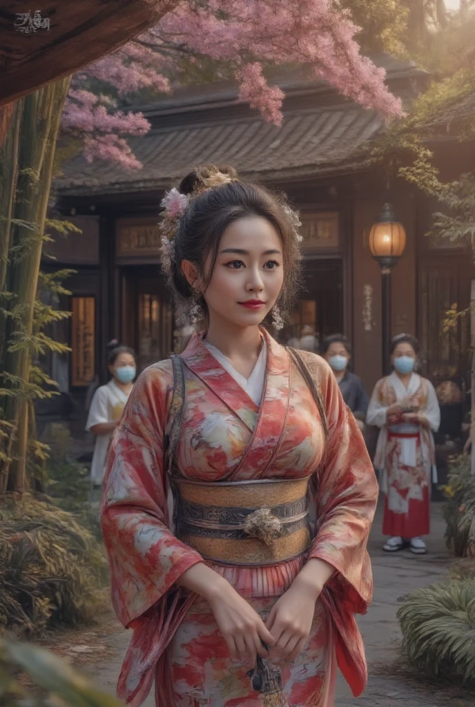  A picture of a coming-of-age ceremony ，上面有一位身穿grace日本和服的漂亮年轻女子,  Intricate cherry blossoms and crane motifs adorned with vibrant fabric ,  soft tone ， plus a traditional belt tied to the back  ,  Delicate hair accessories including kanzashi flowers and ornaments  , 她的双手grace地握着一个小型仪式风扇 ,  A serene garden surrounded by tall bamboo and blooming cherry trees  ,  The warm sunshine casts gentle highlights  ,  Family and friends in traditional costumes  ,  A happy smile and celebration  ,  Lanterns and banners Japanese calligraphy adds a cultural touch  ,  The bokeh effect enhances the subject's presence  , A sense of pride  , grace,  and transition to adulthood  , Ultra-detailed textures,  Vivid Palette  ,  cinematic composition ,  story-rich composition ,  artistic balance between tradition and beauty 