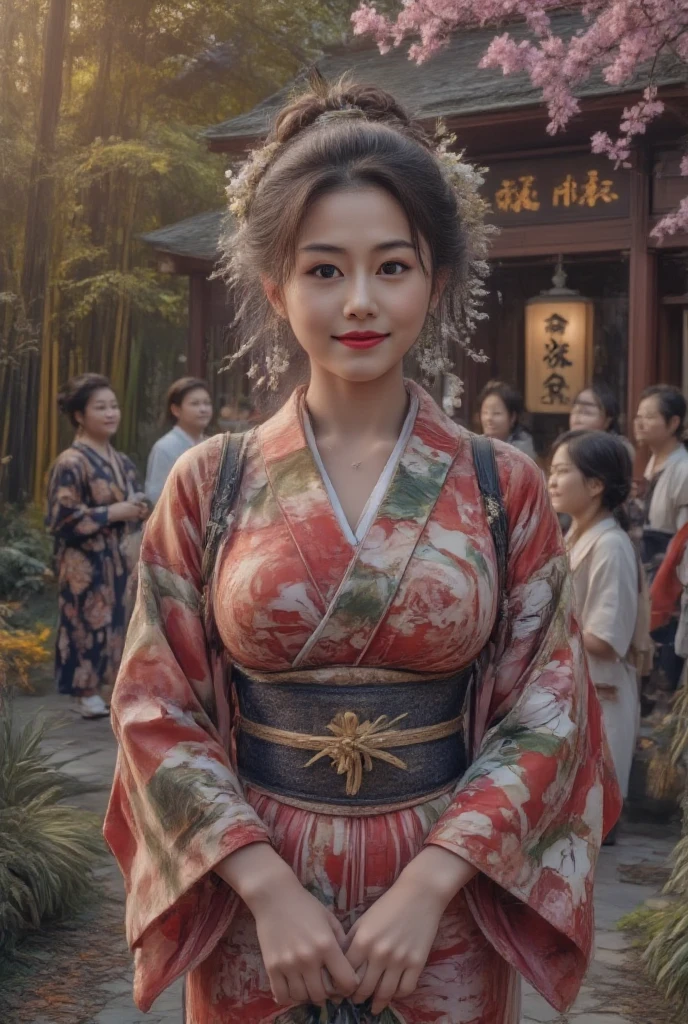  A picture of a coming-of-age ceremony ，上面有一位身穿grace日本和服的漂亮年轻女子,  Intricate cherry blossoms and crane motifs adorned with vibrant fabric ,  soft tone ， plus a traditional belt tied to the back  ,  Delicate hair accessories including kanzashi flowers and ornaments  , 她的双手grace地握着一个小型仪式风扇 ,  A serene garden surrounded by tall bamboo and blooming cherry trees  ,  The warm sunshine casts gentle highlights  ,  Family and friends in traditional costumes  ,  A happy smile and celebration  ,  Lanterns and banners Japanese calligraphy adds a cultural touch  ,  The bokeh effect enhances the subject's presence  , A sense of pride  , grace,  and transition to adulthood  , Ultra-detailed textures,  Vivid Palette  ,  cinematic composition ,  story-rich composition ,  artistic balance between tradition and beauty 