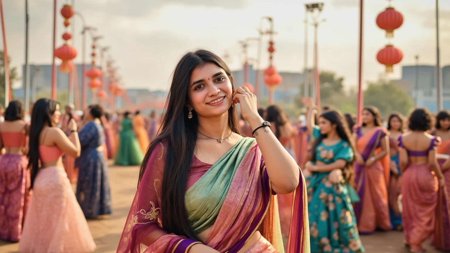 "Detailed portrait of a woman standing in the middle of a bustling festival, with colorful streamers, lanterns, and confetti floating around her. Her outfit is bold and festive, covered in intricate, multicolored embroidery. Her face is lit with warm golden light, and her joyful expression radiates energy. The vivid backdrop showcases a lively crowd and a sky filled with sparkling lights