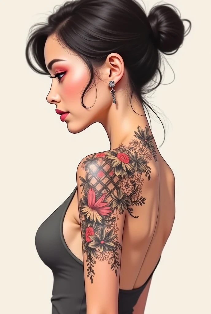 Creates a tattoo on a woman's left arm, a large peony climbing up the neck and never, descending a phoenix in large black work along with a dragon to the hand with mandalas and florals throughout the rest