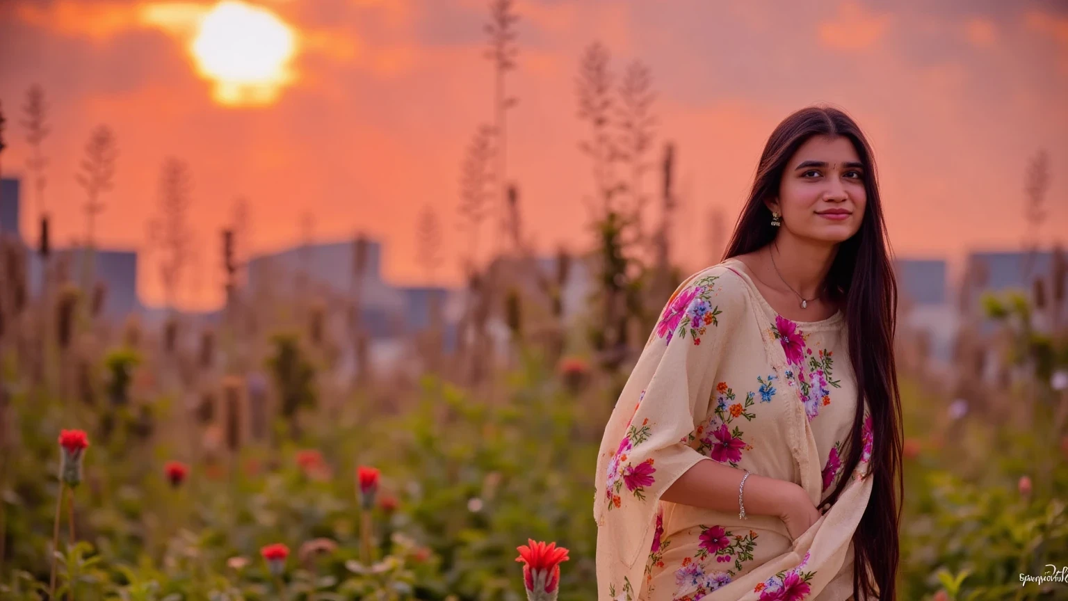 Radiant portrait of a woman standing against a vivid sunset, the sky painted in rich shades of red, orange, and violet. Her dress is flowing, adorned with multicolored floral patterns that seem to merge with the background. Her face is softly illuminated by the warm glow, and her serene smile reflects the tranquility of the moment. Bright wildflowers bloom in the foreground, adding layers of vibrant detail."