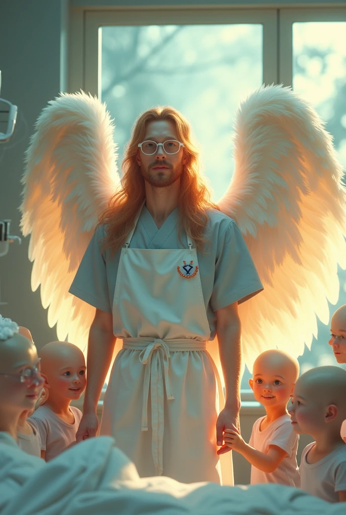 (best quality, 128k,highres,masterpiece:1.2),ultra-detailed,(realistic,photorealistic,photo-realistic:1.37), ((masterpiece)) ((photography)) ((Highest quality)) A realistic illustration of a compassionate nurse angel in a hospital room, surrounded by small, bald ren undergoing cancer treatment. The angel has long, flowing hair and wears glasses, adding a warm and intellectual aura to his presence. He is dressed in a traditional nurse’s apron over a soft, white outfit, and his large, feathered wings spread gracefully behind him, radiating peace and hope. The ren around him are smiling and holding his hands, their expressions filled with comfort and trust. The hospital room is softly lit, with medical equipment in the background, creating a serene and uplifting atmosphere of care and healing.