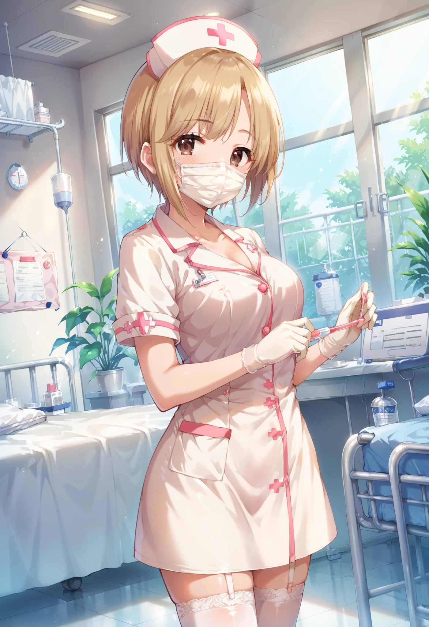 score_9, score_8_up, score_7_up, source_anime, aiba yumi, short hair, blonde hair, brown hair, brown eyes, masterpiece best quality, (best quality), (high quality), {masterpiece}, extremely delicate and beautiful, ultra-detailed, beautiful detailed eyes, nurse, nurse hat, ((white nurse's outfit)), white gloves, white legwear, zettai ryouiki, hospital room, ((white surgical mask, covered nose)), standing