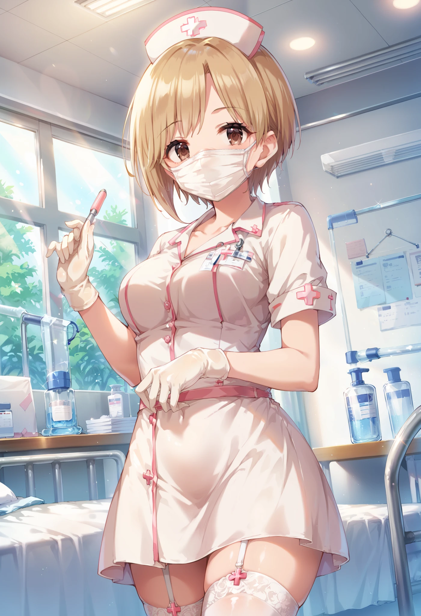 score_9, score_8_up, score_7_up, source_anime, aiba yumi, short hair, blonde hair, brown hair, brown eyes, masterpiece best quality, (best quality), (high quality), {masterpiece}, extremely delicate and beautiful, ultra-detailed, beautiful detailed eyes, nurse, nurse hat, ((white nurse's outfit)), white gloves, white legwear, zettai ryouiki, hospital room, ((white surgical mask, covered nose)), standing
