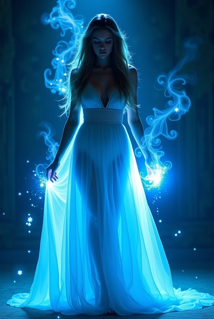 Girl with red hair and emerald green dress with many jewels and red magic