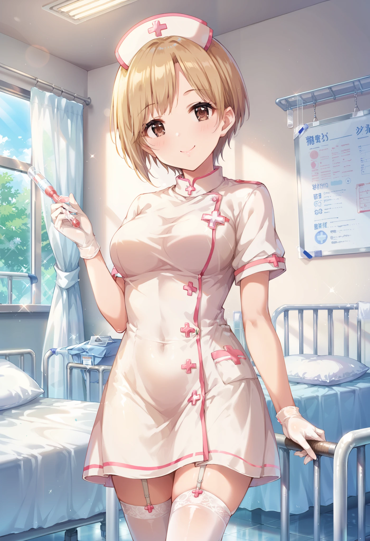 score_9, score_8_up, score_7_up, source_anime, aiba yumi, short hair, blonde hair, brown hair, brown eyes, masterpiece best quality, (best quality), (high quality), {masterpiece}, extremely delicate and beautiful, ultra-detailed, beautiful detailed eyes, nurse, nurse hat, ((white nurse's outfit)), white gloves, white legwear, zettai ryouiki, hospital room, smile, closed mouth, standing