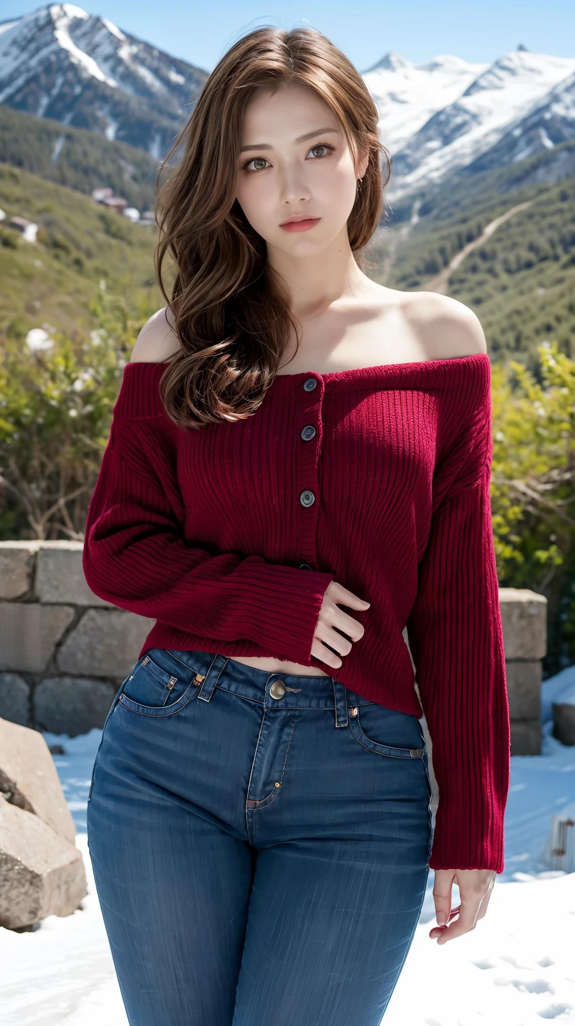 《resident Evil》Claire Redfield in, Make an attractive pose in front of the viewer, unique :1, Throw, Beautiful thick thighs , Realistic hands, facing the audience
sunny ski resort background, long brown hair , 3/4 body , off-shoulder buttoned winter jacket