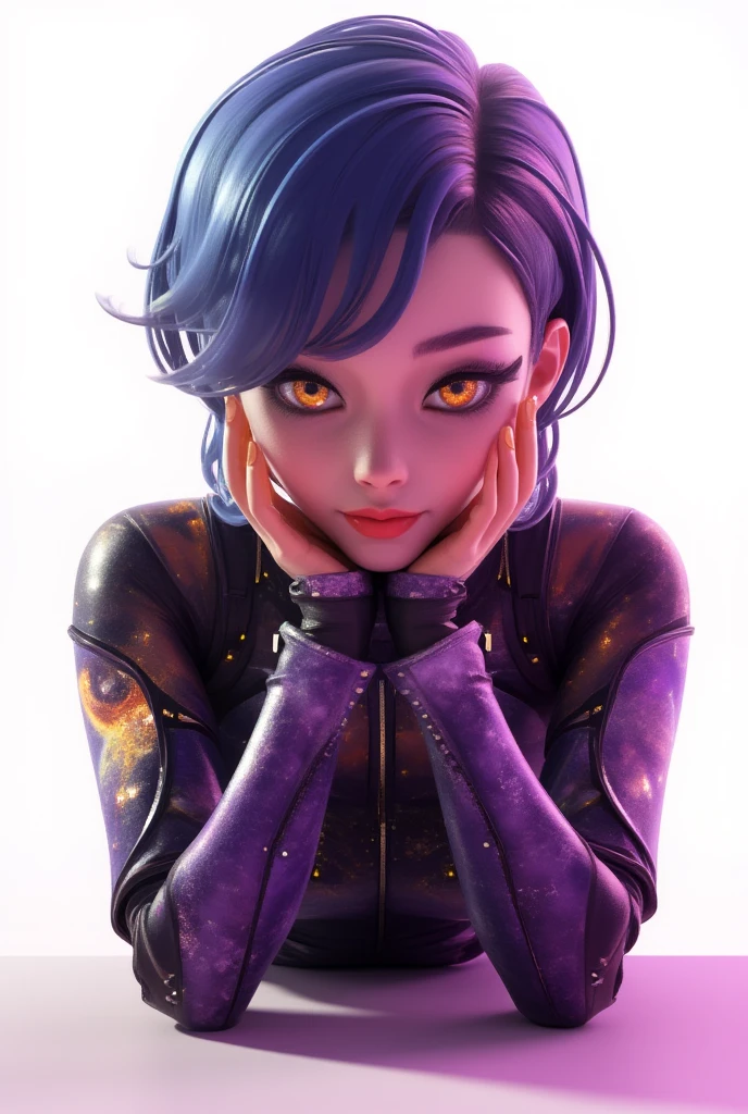 A highly detailed 3D avatar of a female character with a futuristic design, blending Japanese and Chinese aesthetics. She has dark blue hair styled in a sleek bob cut and expressive amber eyes. The character is posed with her arms bent and hands gently stacked under her chin, as if resting on an invisible surface. Her outfit features shades of purple and black, enhanced with glowing neon accents that harmonize with a fiery cosmic theme. Her expression is serene yet commanding. The background is plain white, with no tables, platforms, or additional objects, isolating and emphasizing the character.